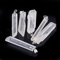 Cristal de cuarzo natural colgantes grandes, con fornituras de hierro tono platino, prismas hexagonales, 50~60x8~15x5~12mm, agujero: 3x7 mm