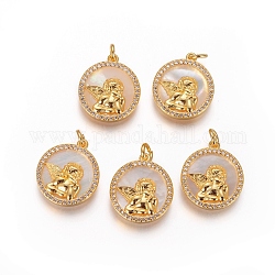 Brass Pendants, with Micro Pave Cubic Zirconia, Shell and Jump Rings, Flat Round with Angel, Clear, Golden, 17.5x15.5x2.5mm, Hole: 3mm
