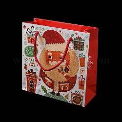 ナイロンコードハンドル付きクリスマスサンタクロースプリント紙ギフトバッグ  レッド  正方形  19.9x19.9x0.5cm  展開：19.9x8.1x19.9cm