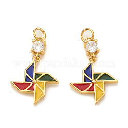 Brass Micro Pave Cubic Zirconia Pendants, with Jump Rings and Enamel, Origami Windmill, Colorful, Real 18K Gold Plated, 18.5mm, Jump Ring: 4x0.6mm, Hole: 2.5mm