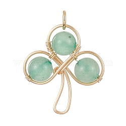 Natural Green Aventurine Beaded Pendants, Eco-Friendly Copper Wire Wrapped Clover Charms, Light Gold, 23x20x6.5mm, Hole: 3mm