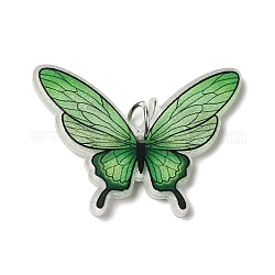 Opaque Acrylic Pendants, with Platinum Iron Jump Ring, Butterfly Charms, Green, 26.8x36.2x4mm, Hole: 5.2mm