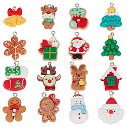 SUNNYCLUE 1 Box 32pcs 16 Styles Christmas Charms Bulk Snowman Charms Resin Snowman Tree Snowflake Reindeer Socks Holiday House Charm for Jewelry Making Charms Findings Necklace Earring Adults Craft