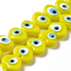 Chapelets de perles vernissées manuelles, cœur, jaune, 11.5x14x4.5mm, Trou: 1.2mm, Environ 28 pcs/chapelet, 12.40'' (31.5 cm)