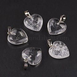 Quarzo naturale pendenti in cristallo, pendenti in cristallo di rocca, cuore, con accessori di ottone, platino, 22~23x20~20.5x6~7.5mm, Foro: 5x8 mm