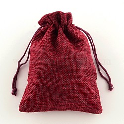 Polyester Imitation Burlap Packing Pouches Drawstring Bags, Dark Red, 13.5x9.5cm