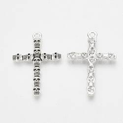 Tibetischer stil Aluminium Anhänger & Charms, Kreuz mit Totenkopf, Antik Silber Farbe, 38x26x3.5 mm, Bohrung: 2 mm
