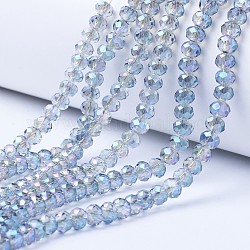 Placcare trasparente perle di vetro fili, pieno arcobaleno placcato, sfaccettato, rondelle, azzurro acciaio chiaro, 4x3mm, Foro: 0.4 mm, circa 123~127pcs/filo, 16.5~16.9 pollice (42~43 cm)