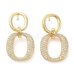 Rack Plating Brass Double Oval Dangle Stud Earrings with Cubic Zirconia, Lead Free & Cadmium Free, Real 18K Gold Plated, 30mm