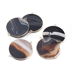 Connecteurs de liens en agate à bande noire naturelle, avec les accessoires en laiton de tonalité d'or, plat rond, 45~48x39~41.5x1.5~2.2mm, Trou: 1.5mm