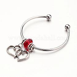 Brass Cuff Bangles, with Glass European Beads and Alloy Findings, Heart, Red, 58mm