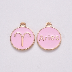Alloy Enamel Pendants, Cadmium Free & Lead Free, Flat Round with Constellation, Light Gold, Pink, Aries, 15x12x2mm, Hole: 1.5mm