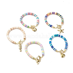 Bracelet à breloques sur le thème des organismes marins, bracelet perles heishi en pâte polymère, bracelet de surf pour les vacances à la plage, or, couleur mixte, 7-1/8 pouce (18.2 cm)