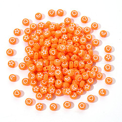 Opake Legierung Perlen, flach rund mit weißem Herz & Blume & Mond & Stern, orange, 7x4 mm, Bohrung: 1.6 mm, 200 Stück / Set