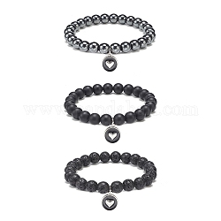 3 Stück 3-teiliges Stretch-Armbandset mit runden Perlen aus natürlichem schwarzem Achat (gefärbt) und Lavagestein sowie synthetischem Hämatit, stapelbare Armbänder mit Emaille-Herzanhängern für Männer und Frauen, Innendurchmesser: 2-1/8 Zoll (5.3 cm), 1pc / style
