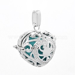 Heart Brass Cage Pendants, Chime Ball Pendants, with Brass Spray Painted Bell Beads, Platinum, Lead Free & Nickel Free & Cadmium Free, Teal, 28x29.5x23mm, Hole: 7x3mm