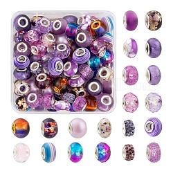 80 pièces 20 perles de style rondelle européenne ensemble pour la fabrication de bijoux à bricoler soi-même kit de recherche, y compris l'acrylique et le verre et le chalumeau et la résine et la porcelaine et les perles européennes en strass en argile polymère, violet, 11~14x7~10mm, Trou: 5mm, 4 pièces / style