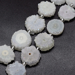 Fili di perle di cristallo di quarzo naturale druzy, quarzo solare, tinto, pepite, bianco, 14~22x13~20x4~6mm, Foro: 1.5~2 mm, circa 9~12pcs/filo, 7.7~7.9 pollice (19.5~20 cm)