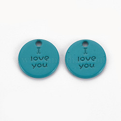 Spray Painted Alloy Charms for Valentine's Day, Cadmium Free & Lead Free, Flat Round with Phrase I Love You, Teal, 13x13x1.5mm, Hole: 1.6mm