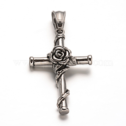 304 acier inoxydable pendentifs gothiques, croix avec des fleurs, argent antique, 40.5x25.5x8mm, Trou: 9x5mm