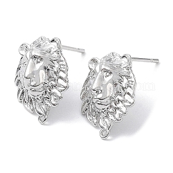 Brass Stud Earring Finding, with Horizontal Loop, Lion, Real Platinum Plated, 15.5x12.5mm, Hole: 0.9mm, Pin: 0.7mm