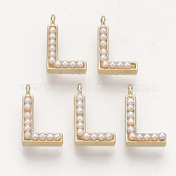 Eco-Friendly Alloy Pendants, with ABS Plastic Imitation Pearl Beads, Letter, Light Gold, Letter.L, 19x11.5x6mm, Hole: 2mm