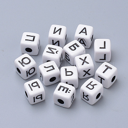 Perline mestiere acrilico, cubo con alfabeto russo, bianco, 10x10x10mm, Foro: 3.5 mm, circa 550pcs/500g