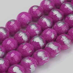 Natural Jade Beads Strands,  Brushed Silver Color, Dyed, Round, Magenta, 4mm, Hole: 0.8mm, about 90pcs/Strand, 15.75''(40cm)