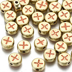 Alloy Enamel Beads, Cadmium Free & Lead Free, Flat Round with Cross, Light Gold, Coral, 8x4mm, Hole: 1.5mm