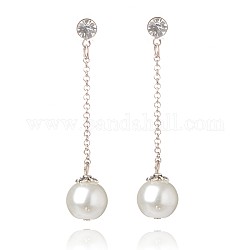 Stylish Wedding Jewelry Glass Pearl Ball Dangle Stud Earrings, with Iron Chains and Rhinestone Beads, Platinum, White, 50mm, Pin: 0.8mm