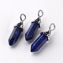 Balles lapis lazuli naturel pendentifs, avec pendentif en alliage aléatoire de ton platine bélières de capuchon de perles hexagonales, 27~31x10x8mm, Trou: 4x3mm