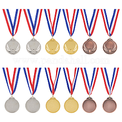 Ahandmaker 12pcs 3 colores medallas de premio en blanco de aleación de zinc, con cuerda de poliéster, redondo plano con patrón de trofeo, color mezclado, 19.76 pulgada (50.2 cm), 4 piezas / color
