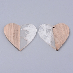 Pendenti in resina e legno, Two Tone, cuore, colore conchiglia, 46x48x2~3mm, Foro: 2 mm