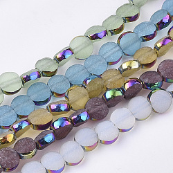 Abalorios de vidrio electroplate hebras, multi-color de chapado, esmerilado y facetas, plano y redondo, color mezclado, 5.5~6x3.5~4mm, agujero: 1 mm, aproximamente 98~100 pcs / cadena, 22 pulgada