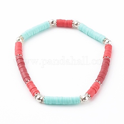 Bracelets extensibles perlés heishi en pâte polymère à la main, avec des perles en laiton, platine, rouge, diamètre intérieur: 2-1/8 pouce (5.5 cm)