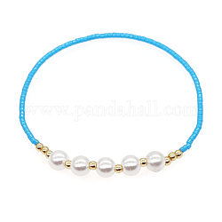 Pulsera elástica con cuentas de perlas de imitación y semillas de vidrio para mujer., el cielo azul, 6-7/8 pulgada (17.5 cm)
