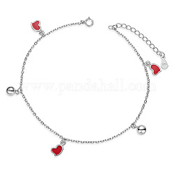 Shegrace 925 bracelets de cheville en argent sterling, avec résine époxy et chaînes de câbles, cœur, rouge, platine, 8-1/2 pouce (21.5 cm), cœur: 7.1x5.6 mm