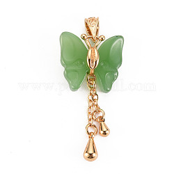 Nachahmung Jade Glas-Anhänger, mit Messing-Zubehör, Schmetterling, Licht Gold, lime green, 33~35x17.5x7 mm, Bohrung: 5x2.5 mm