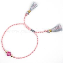 Round Imitation Gemstone Beaded Cord Bracelet with Tassel for Women, Pink, 6-1/4 inch(16cm)