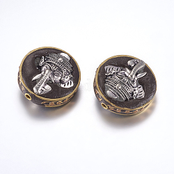 Perles Indonésiennes manuelles, avec les accessoires en laiton, sans nickel, plat et circulaire avec éléphant, noir, brut (non plaqué), 28~28.5x13~14mm, Trou: 2mm
