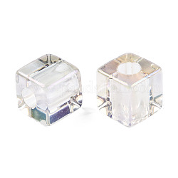 Los abalorios europeos de resina transparente, lustre de la perla chapado, Abalorios de grande agujero, cubo, Claro, 20x20x20mm, agujero: 8 mm