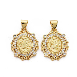 Brass Micro Pave Cubic Zirconia Pendants, Nickel Free, Oval, Real 16K Gold Plated, 20x15x2.5mm, Hole: 3x5mm