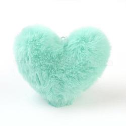 Handgemachte künstliche Kaninchenfell Pom Pom Ball bedeckt Anhänger, Fuzzy Bunny Haarballen, mit elastischer Faser, Herz, blassem Türkis, 85~90x85~110x45~55 mm, Bohrung: 4x5 mm
