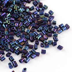 Tubo de vidrio chapado cuentas de corneta, reronda iris, azul chapado, 2~3x2mm, agujero: 1 mm, aproximamente 2222 unidades / 50 g