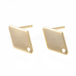Brass Stud Earring Findings, with Loop and Flat Plate, Rhombus, Nickel Free, Real 18K Gold Plated, 11x7x0.5mm, Hole: 1mm, Pin: 0.7mm