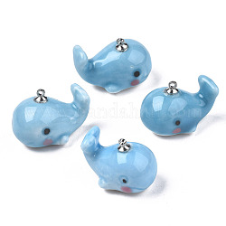 Handmade Porcelain Pendants, with Platinum Plated Brass Findings, Famille Rose Style, Whale, Light Sky Blue, 25~28x16~17x18~19mm, Hole: 1.6mm