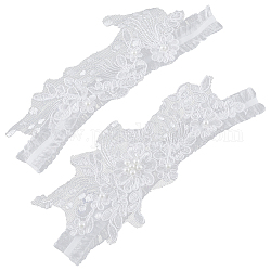 Elastische Brautstrumpfbänder aus Spitze, mit Kunststoffimitatperle, Hochzeitskleiderzubehör, weiß, 460x25~95 mm, 2 Stück / Set