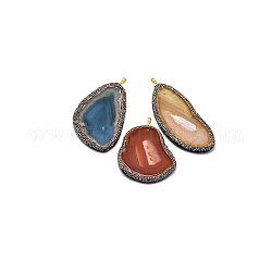 Pendentifs en agate naturelle teintée, avec les accessoires en laiton plaqué or et strass tchèque, formes mixtes, couleur mixte, 60~100x43~75x5mm, Trou: 3x8mm