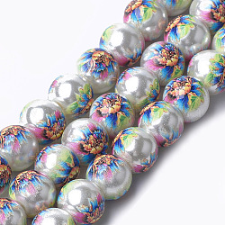 Perle in vetro con perle finte a motivo stampato e spray, tondo con motivo floreale, Gainsboro, 12~12.5x11.5mm, Foro: 1.4 mm