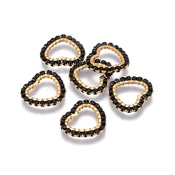 MIYUKI & TOHO Handmade Japanese Seed Beads, with 304 Stainless Steel Link Rings, Loom Pattern, Heart, Golden, Black, 13.5~14x15x1.8~2mm